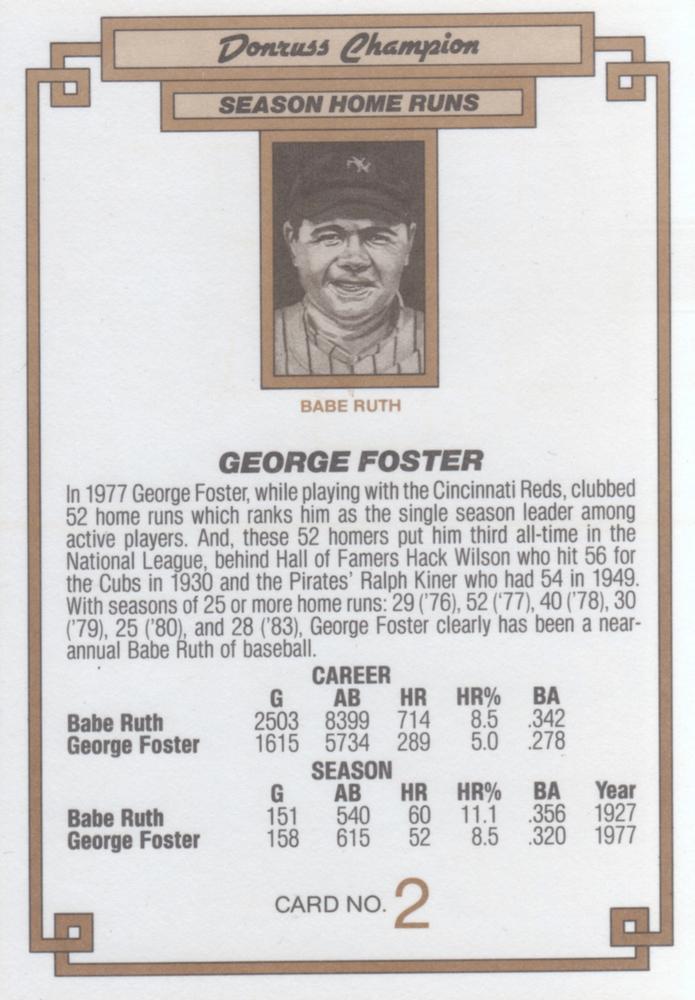 1984 DONRUSS CHAMPIONS "OVERSIZED CARD" #2 GEORGE FOSTER NEW YORK METS - CINCINNATI REDS