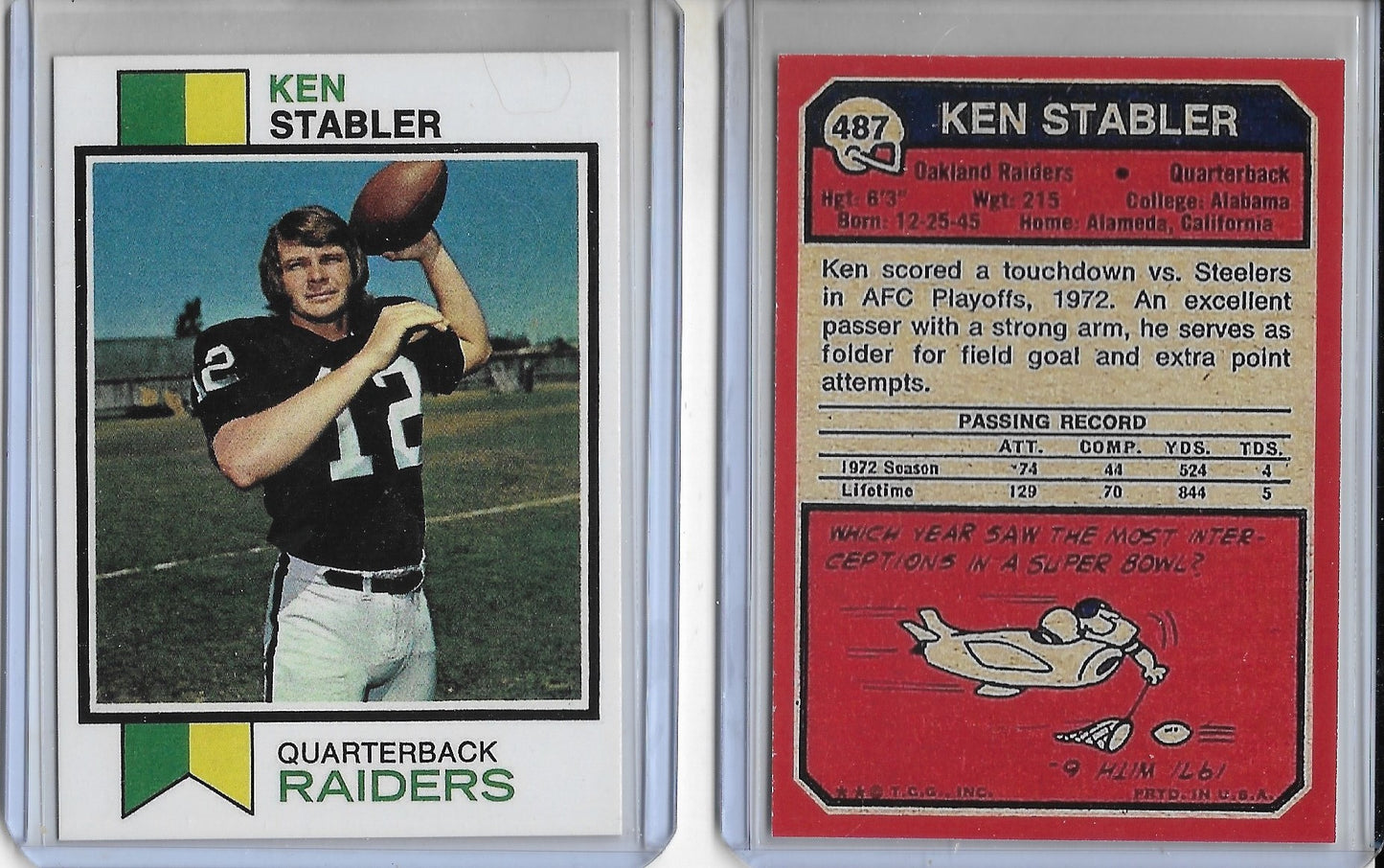 1973 Topps KEN STABLER Rookie Reprint  Card #487 Oakland Raiders HOF