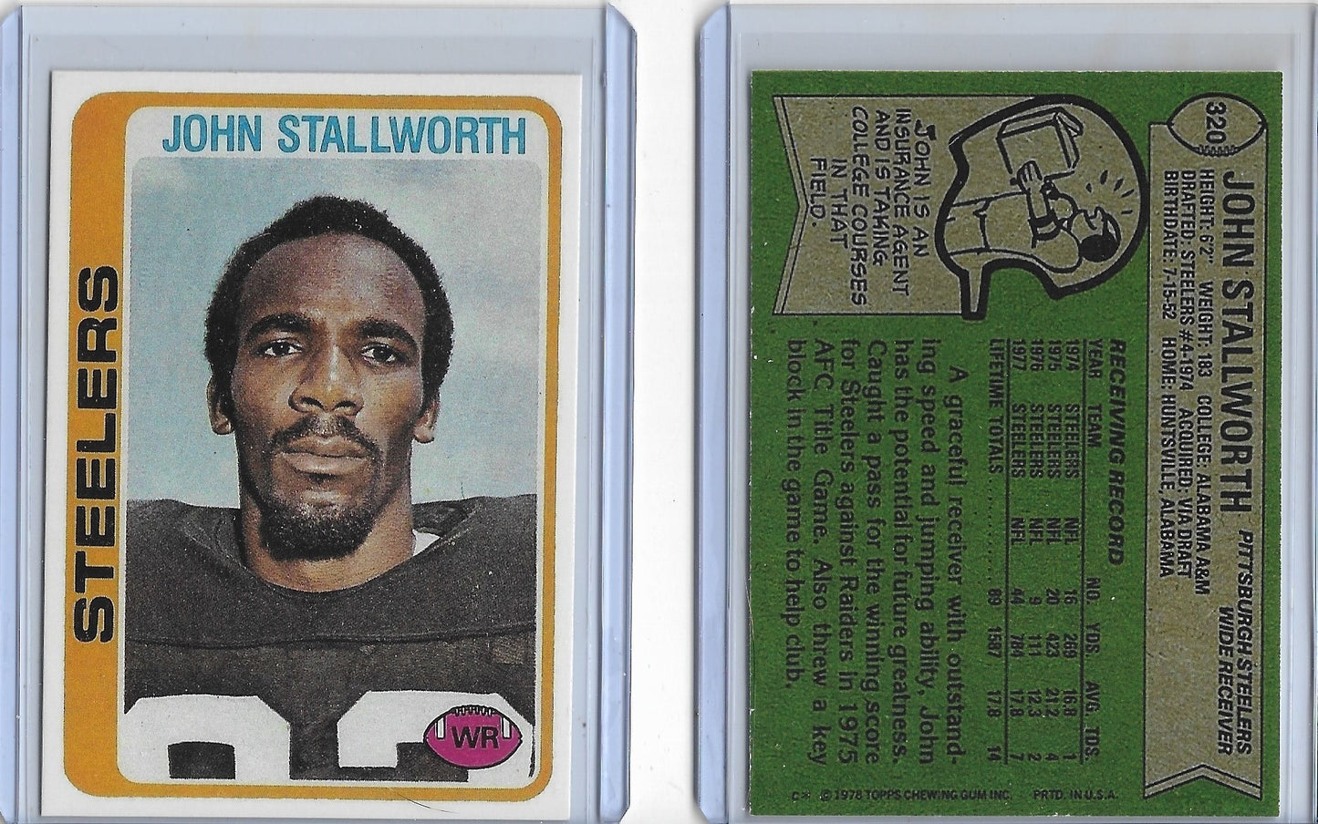 1978 Topps #320 JOHN STALLWORTH Rookie Reprint Cards Pittsburgh Steelers