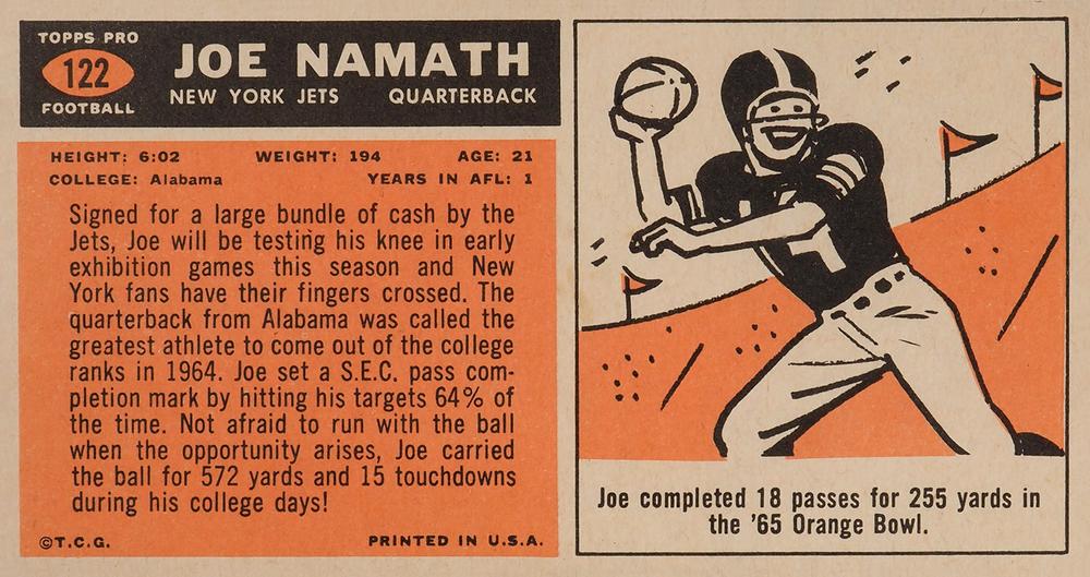 1965 Topps #122 Joe Namath New York Jets Rookie RP Card - Mint