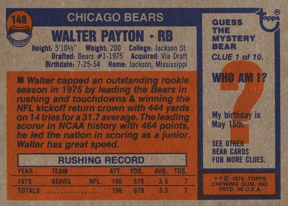 1976 Topps #148 WALTER PAYTON - Chicago Bears Rookie RP Card NFL HOF