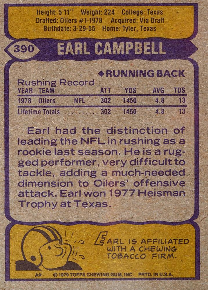 1979 Topps #390 EARL CAMPBELL Rookie Reprint Card Houston Oilers NFL Football