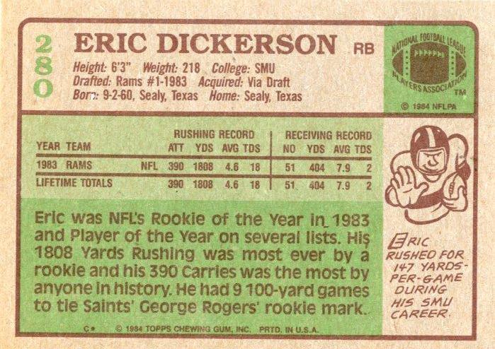 1984 Topps #280 Eric Dickerson Rookie Reprint - Mint - Los Angeles Rams
