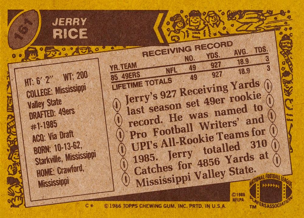 1986 Topps #161 Jerry Rice San Francisco 49ers Rookie Reprint Card.