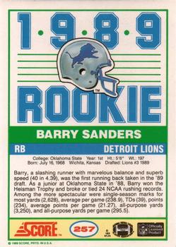 1989 Score Football #257 Barry Sanders Detroit Lions  Rookie Reprint Card HOF