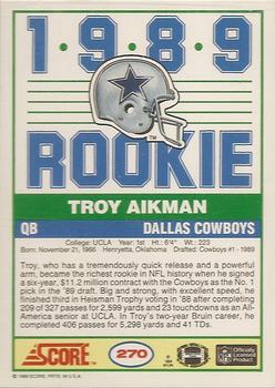 1989 Score #270 Troy Aikman Rookie Reprint Card  Dallas Cowboys - MINT