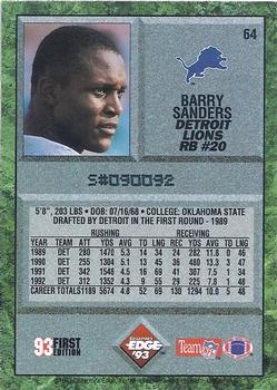 1993 COLLECTORS EDGE #64 FIRST EDITION CARD -  BARRY SANDERS - DETROIT LIONS