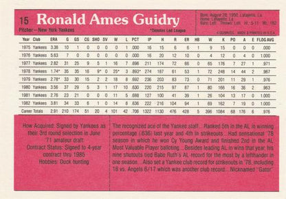 1983 DONRUSS ALL STAR SUPERSTAR CARD #15 RON GUIDRY  NEW YORK YANKEES