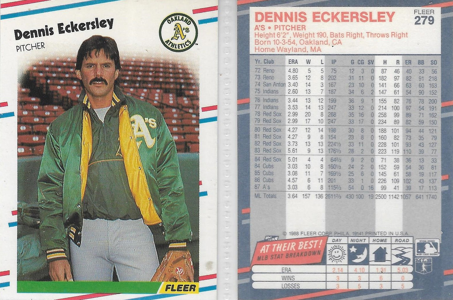 1988 FLEER #279 DENNIS ECKERSLEY - OAKLAND ATHLETICS -