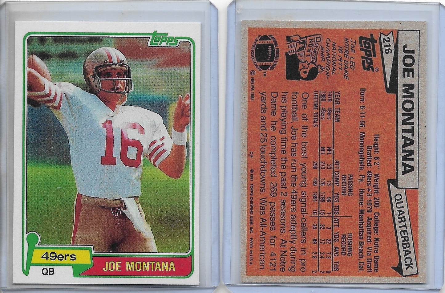 1981 Topps #216 JOE MONTANA  - San Francisco 49ers Rookie Reprint Card