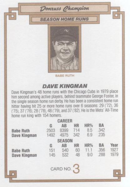 1984 DONRUSS CHAMPIONS "OVERSIZED CARD" #3 DAVE KINGMAN - NEW YORK METS