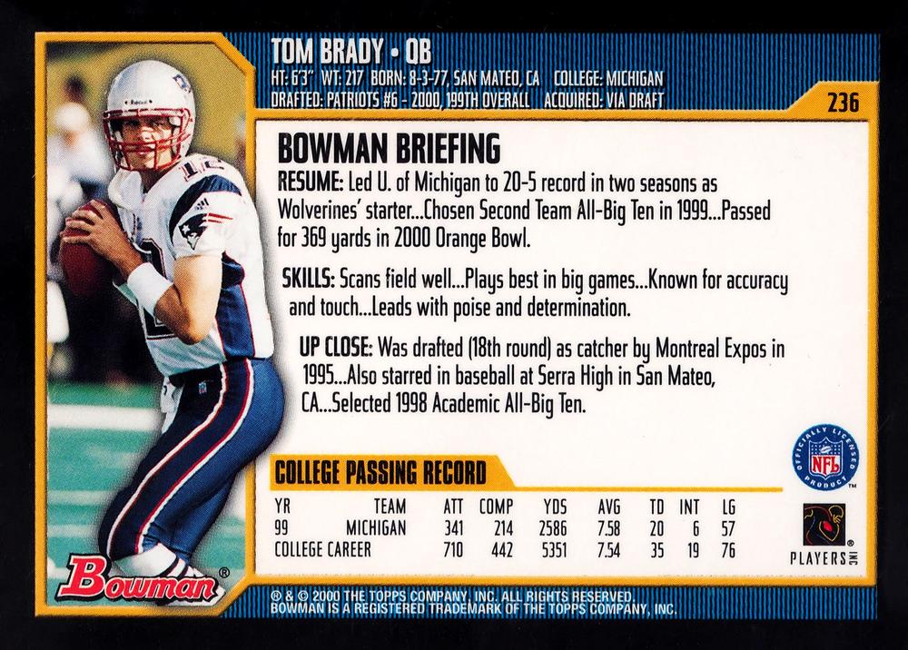 2000 Bowman #236 Tom Brady New England Patriots Rookie Reprint Card