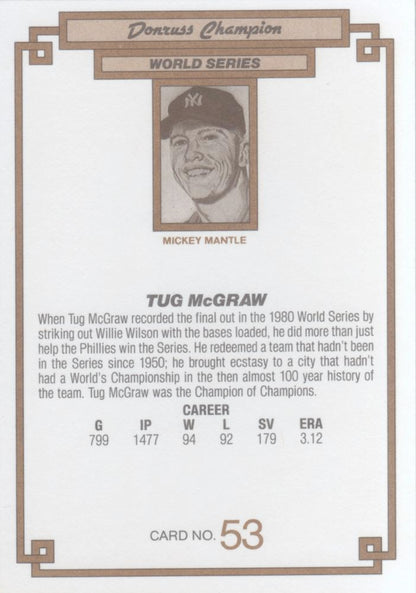 1984 DONRUSS CHAMPIONS "OVERSIZED CARD" #53 TUG McGRAW PHILADELPHIA PHILLIES