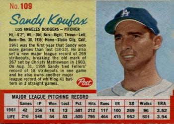 1962 Post Cereal #109 SANDY KOUFAX LOS ANGELES DODGERS  REPRINT CARD
