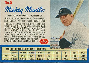 1962 Post Cereal #5 MICKEY MANTLE NEW YORK YANKEES REPRINT CARD