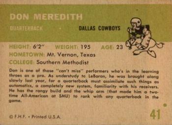 1961 FLEER FOOTBALL #41 DON MEREDITH - DALLAS COWBOYS QB Rookie RP CARD