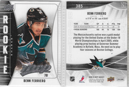 2009 UPPER DECK MVP HOCKEY ROOKIE #385 BENN FERRIERO SAN JOSE SHARKS