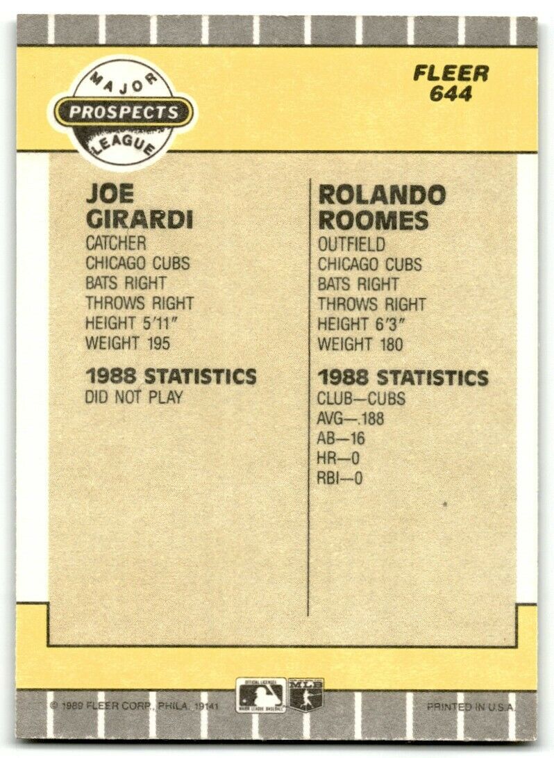 ROOKIE:  1989 FLEER #644 JOE GIRARDI w/ ROLANDO ROOMES CHICAGO CUBS