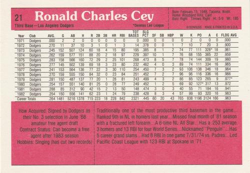 1983 DONRUSS ALL STAR SUPERSTAR CARD #21 RON CEY - LOS ANGELES DODGERS