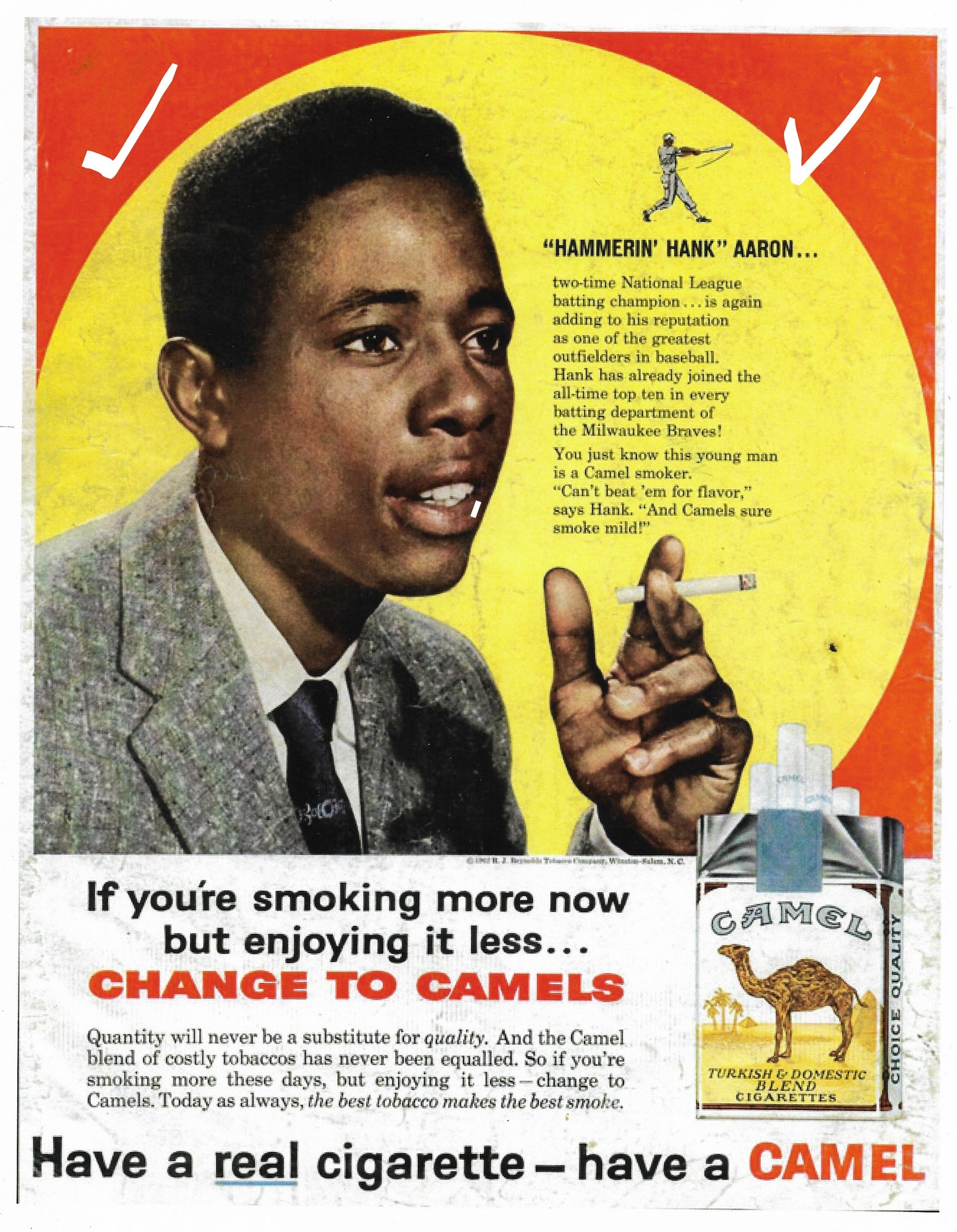 HANK AARON Home Run King 1962 Glossy 8 x 10 Camel Cigarettes ad