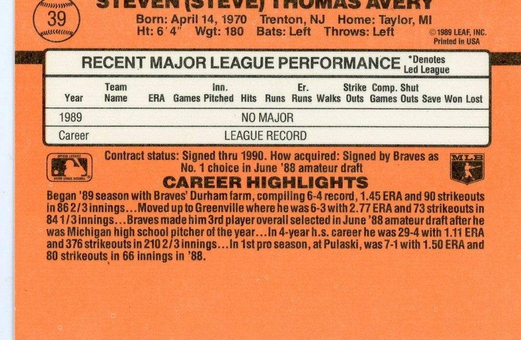1990 DONRUSS #39 STEVE AVERY ATLANTA BRAVES RATED ROOKIE CARD
