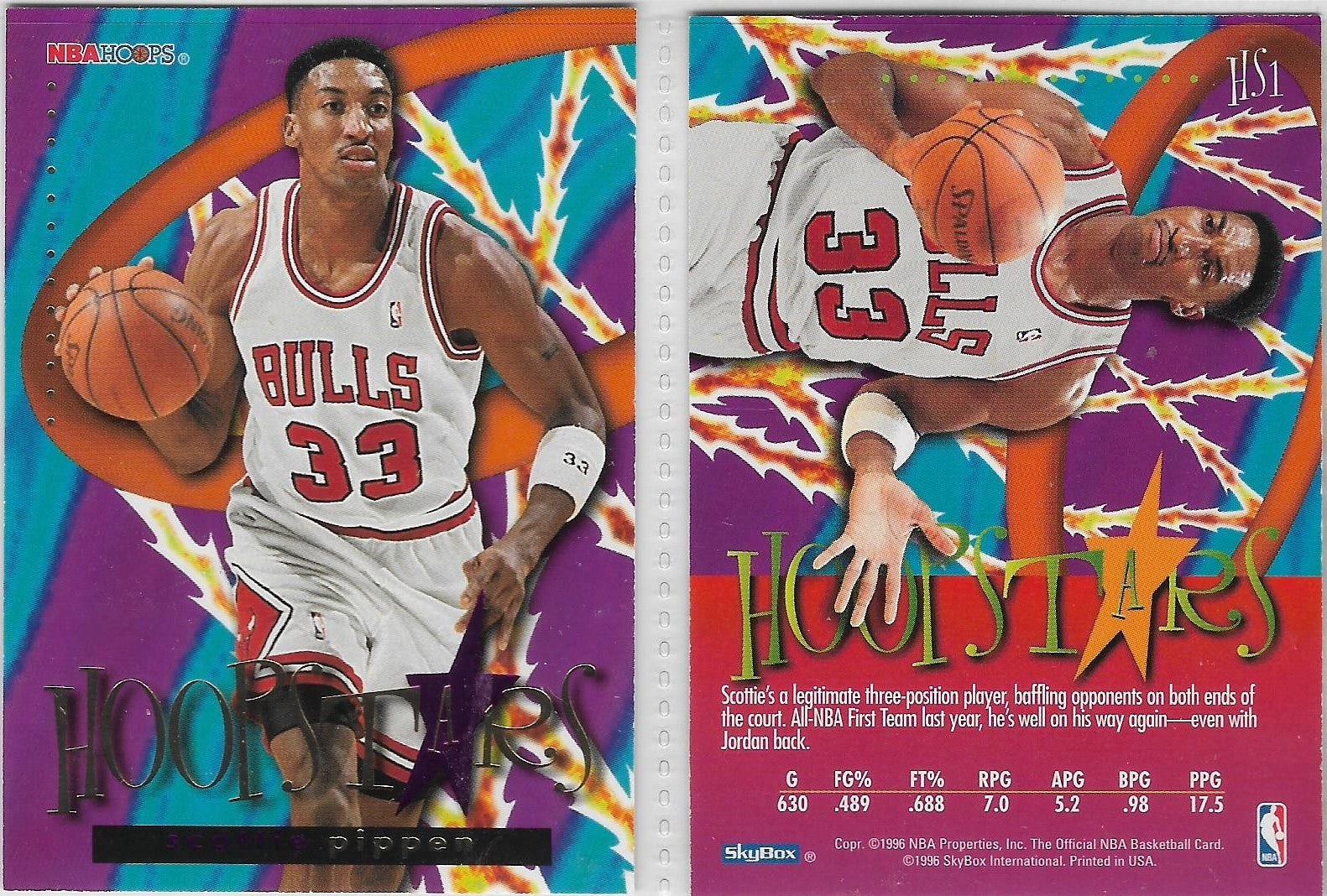 HOF: 1996 SKYBOX NBA HOOPS HOOPSTARS #HS1 SCOTTIE PIPPEN CHICAGO BULLS  INSERT CARD BULLS