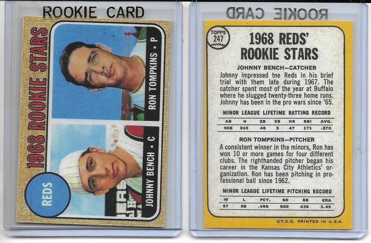 1968 Topps #247 JOHNNY BENCH Rookie Cincinnati Reds Rookie Reprint Car –