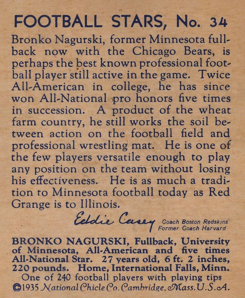 1935 National Chicle #34 Bronco Nagurski Rookie Card Chicago Bears