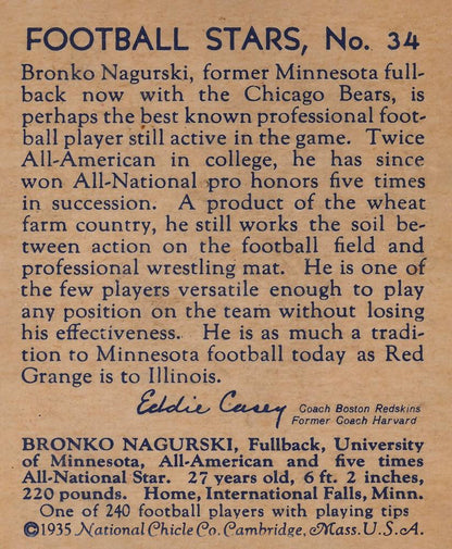 1935 National Chicle #34 Bronco Nagurski Rookie Card Chicago Bears