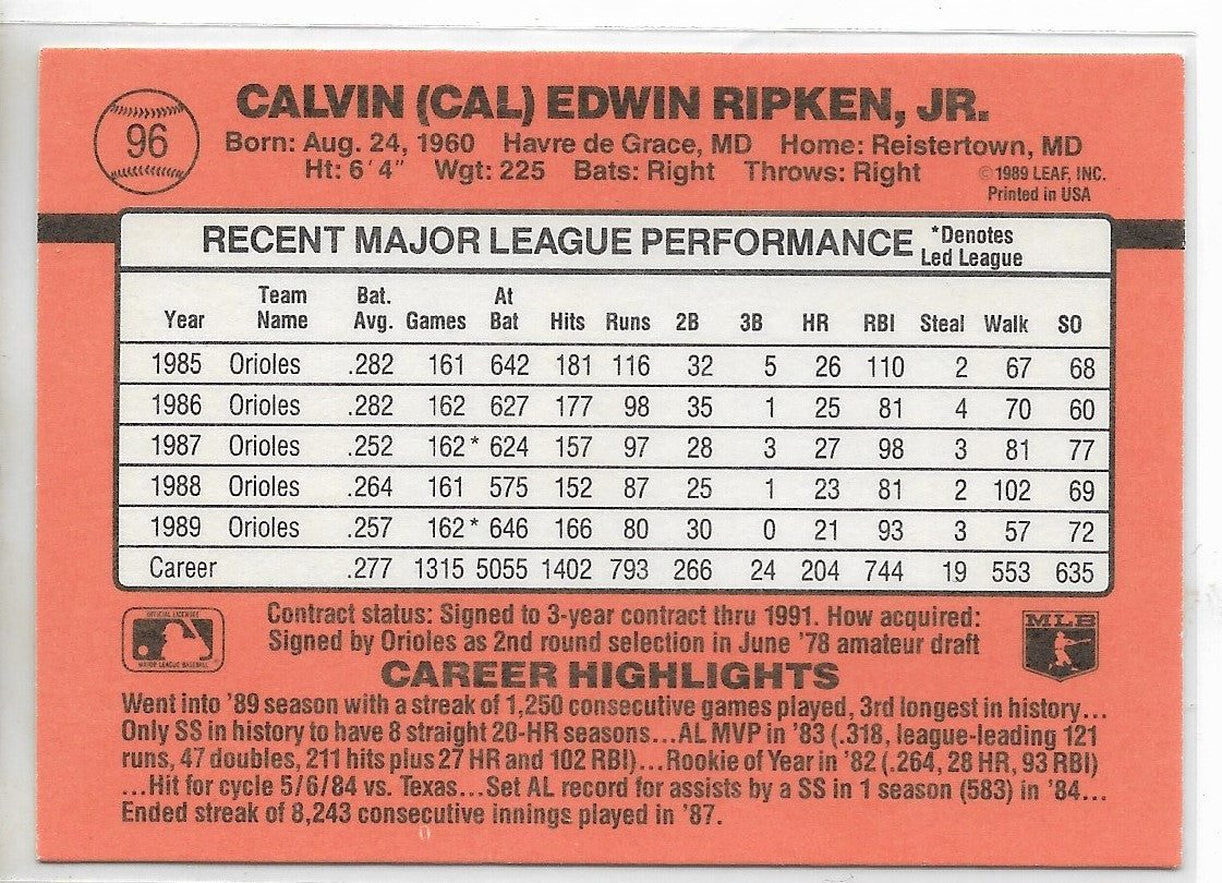 1990 Donruss #96 CALRIPKEN JR. - Baltimore Orioles HOF Great Mint Condition Card
