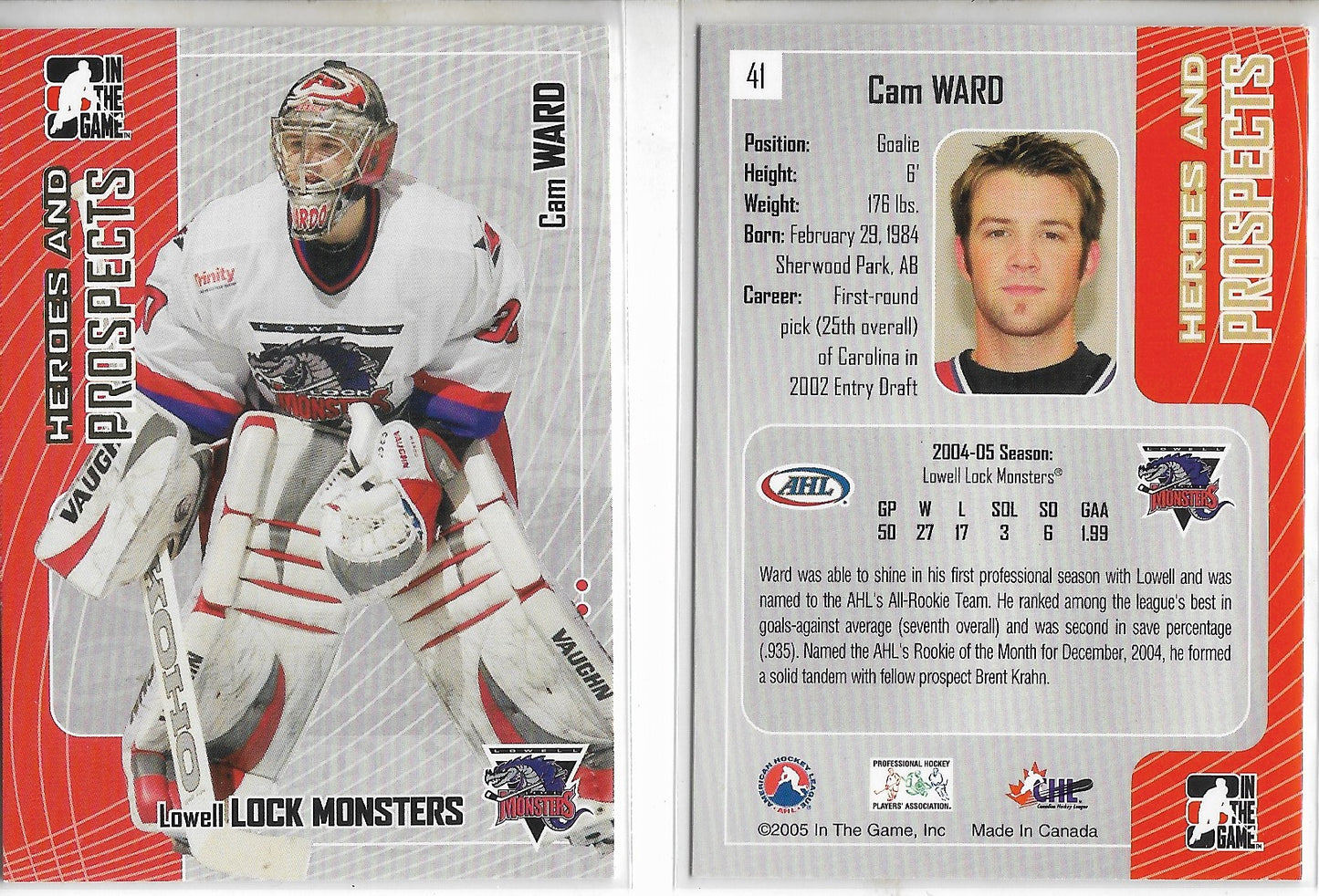 2005 Heros and Prospects #41 CAM WARD Rookie Card- CAROLINA HURRICANS