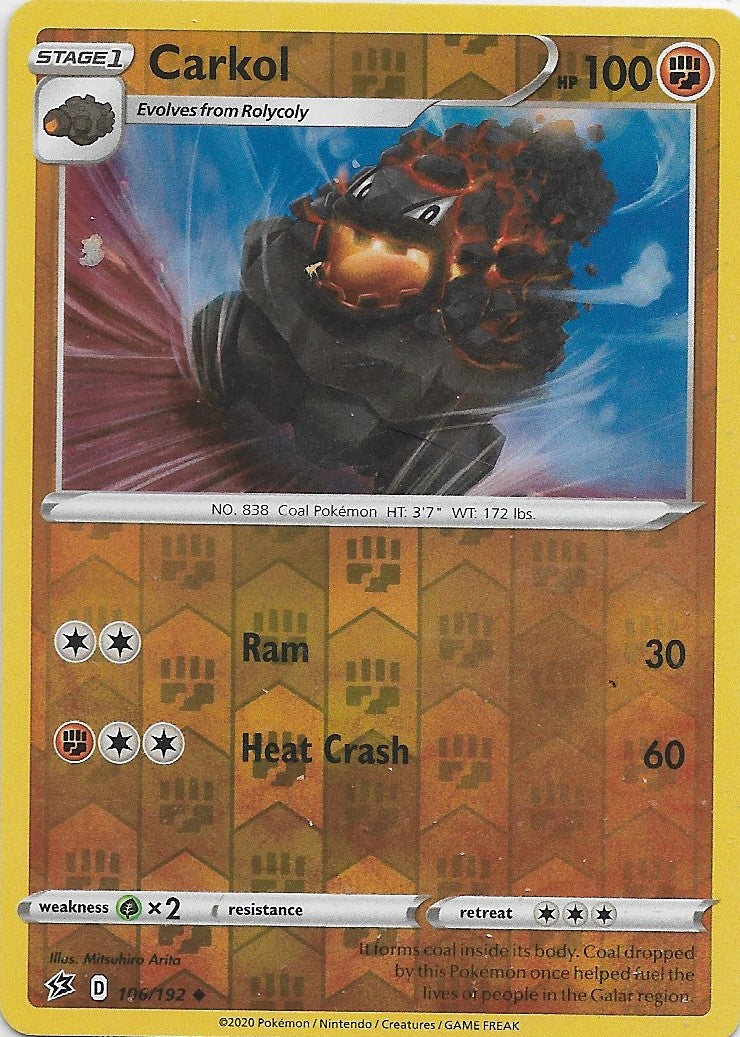 Pokemon CARKOL  106/192 REBEL CLASH Reverse Holo  TCG Card