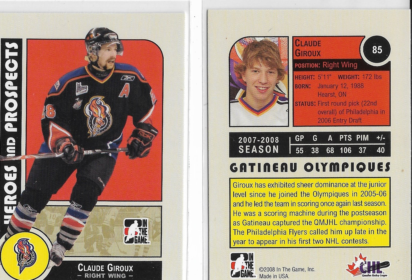 2008 IN THE GAME HEROES & PROSPECTS #85 -CLAUDE GIROUX - ROOKIE CARD