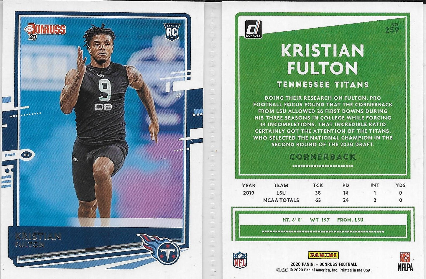 2020 Panini Donruss #259  KRISTIAN FULTON  TENNESSEE TITANS - LSU   -ROOKIE CARD