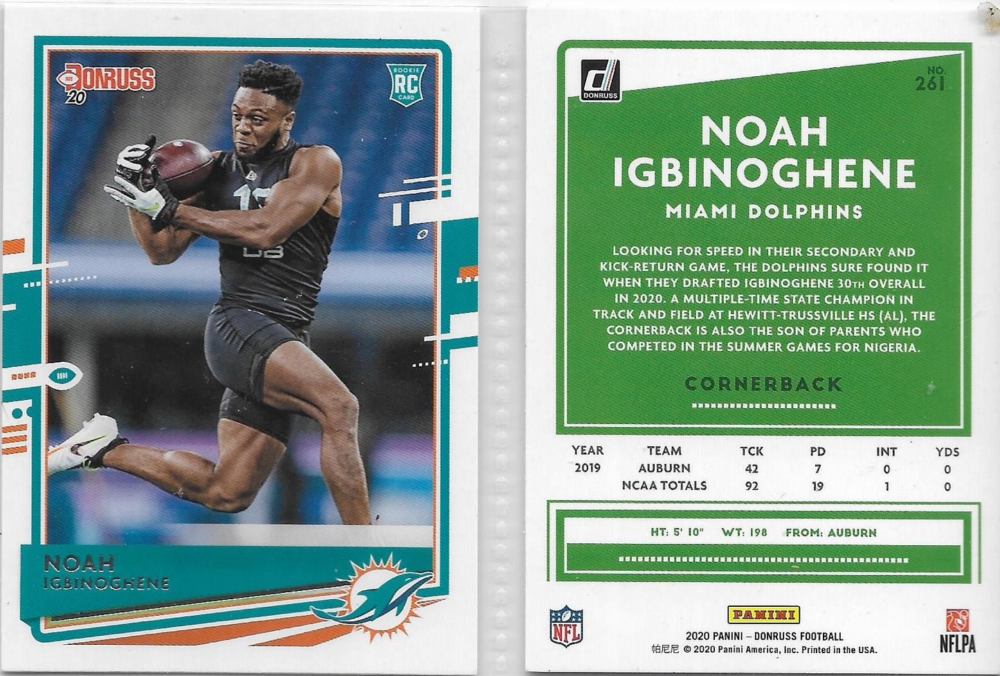 2020 Panini Donruss #261 NOAH IGBINOGHENE -MIAMI DOLPHINS - ROOKIE CARD - AUBURN