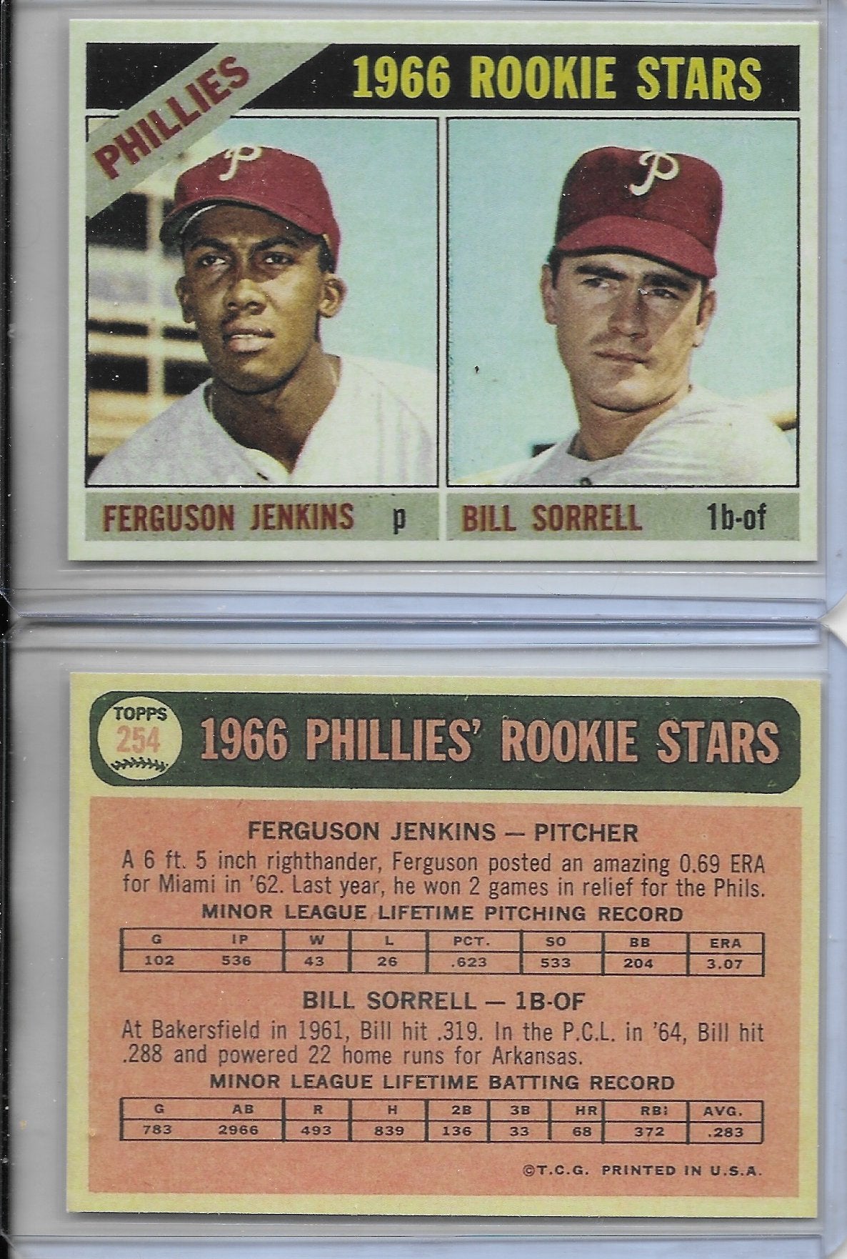 1966 TOPPS #254 FERGUSON JENKINS- PHILADELPHIA PHILLIES  - ROOKIE RP CARD.