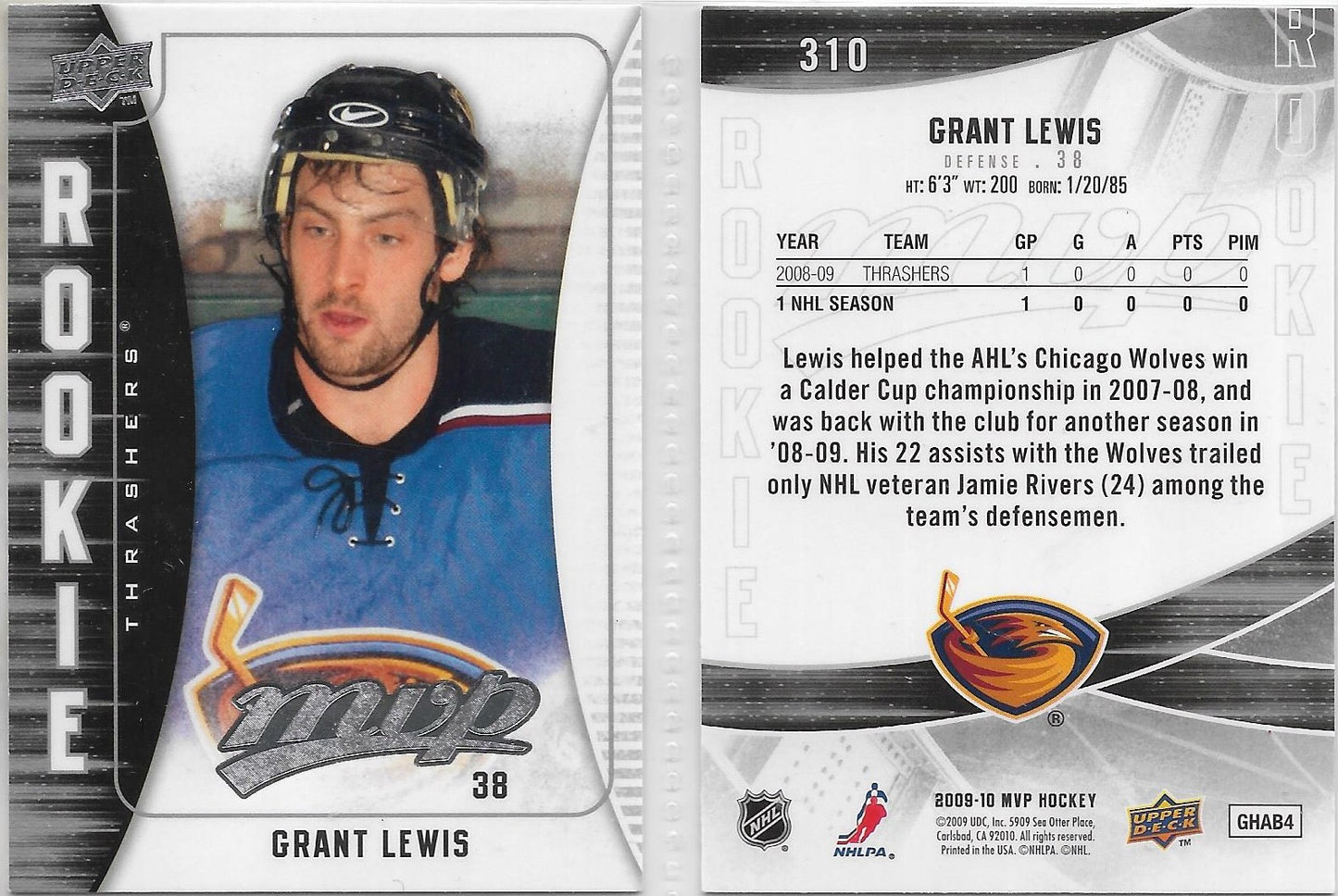 ROOKIE 2009 UPPER DECK MVP HOCKEY #310 GRANT LEWIS  ATLANTA THRASHERS