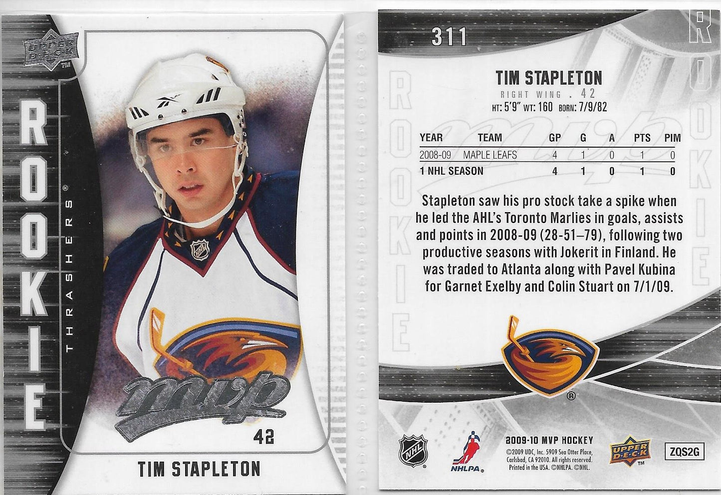 2009 UPPER DECK MVP HOCKEY ROOKIE #311 TIM STAPLETON ATLANTA THRASHERS