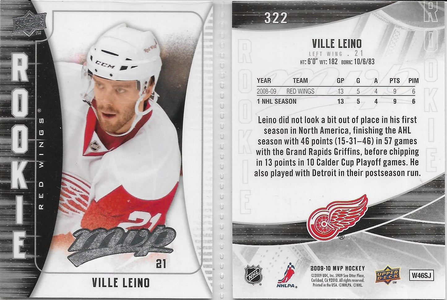 2009 UPPER DECK MVP HOCKEY ROOKIE #322 VILLE LEINO DETROIT RED WINGS