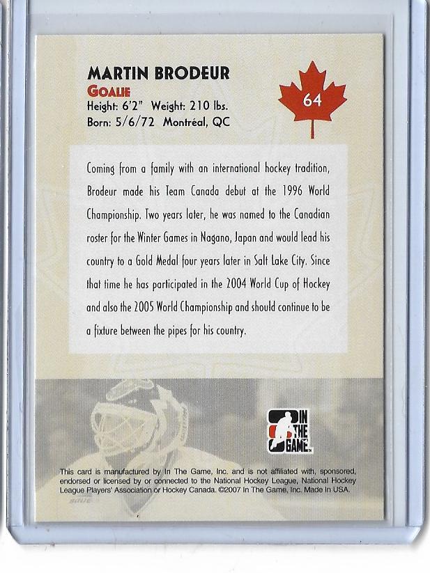 2007 IN THE GAME #64 MARTIN BRODEUR MINT CONDITION
