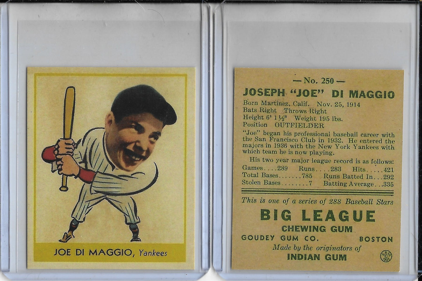 1938 GOUDEY  HEADS UP CARD #250 JOE DiMAGGIO  NEW YORK YANKEES REPRINT CARD