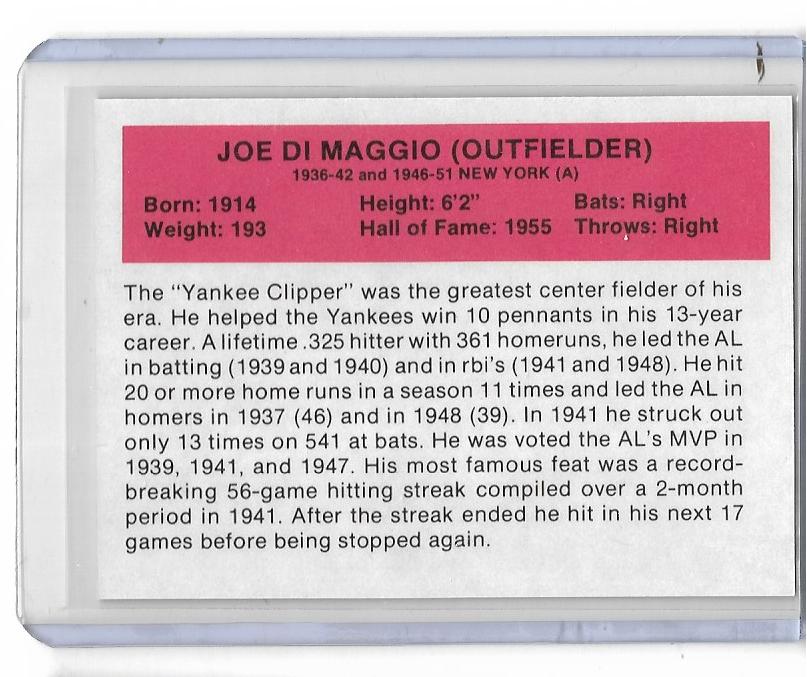 1987 Baseball All Time Greats Baseball Card - JOE DiMAGGIO