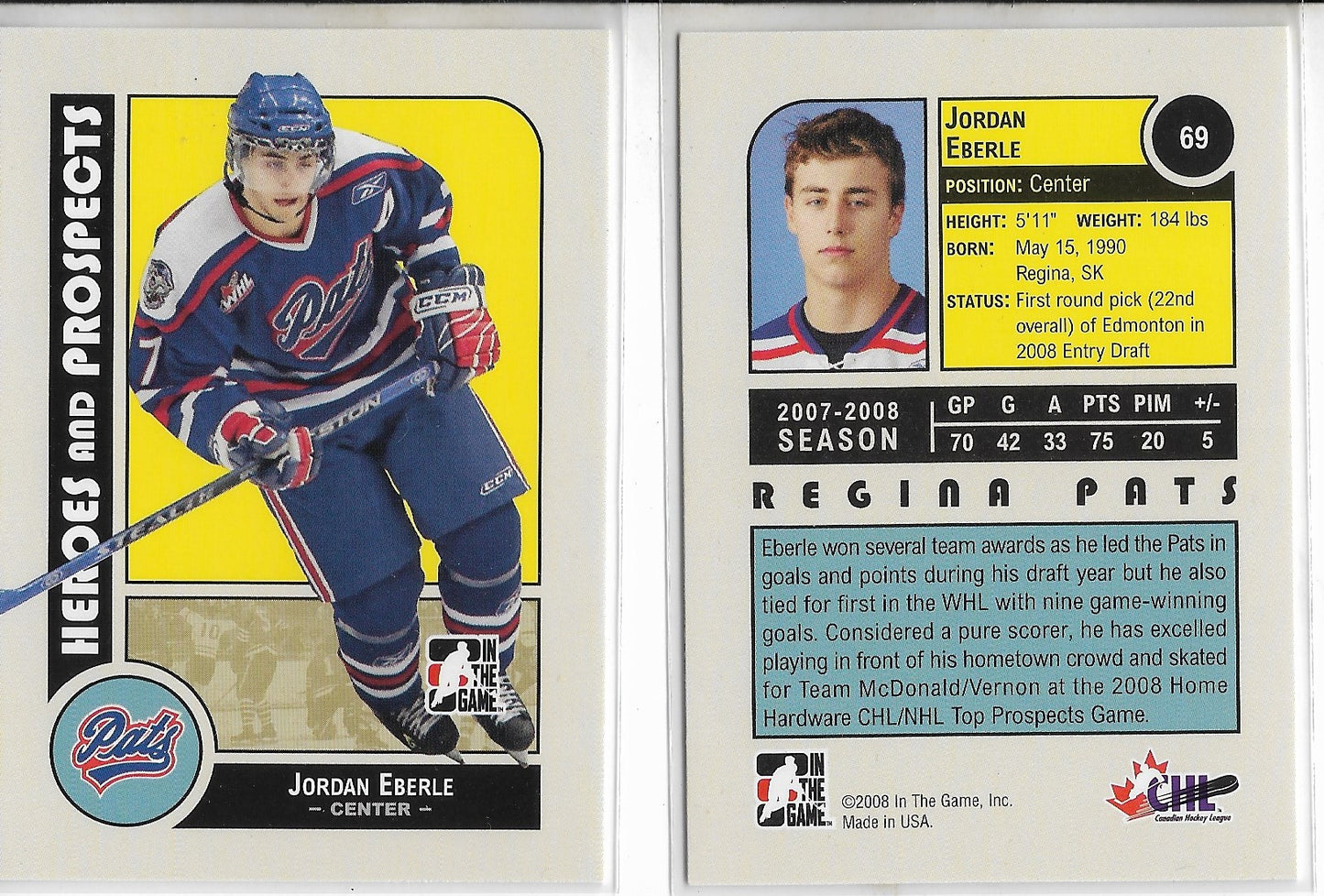 2008 IN THE GAME HEROES & PROSPECTS #69 JORDAN EBERLE - ROOKIE CARD