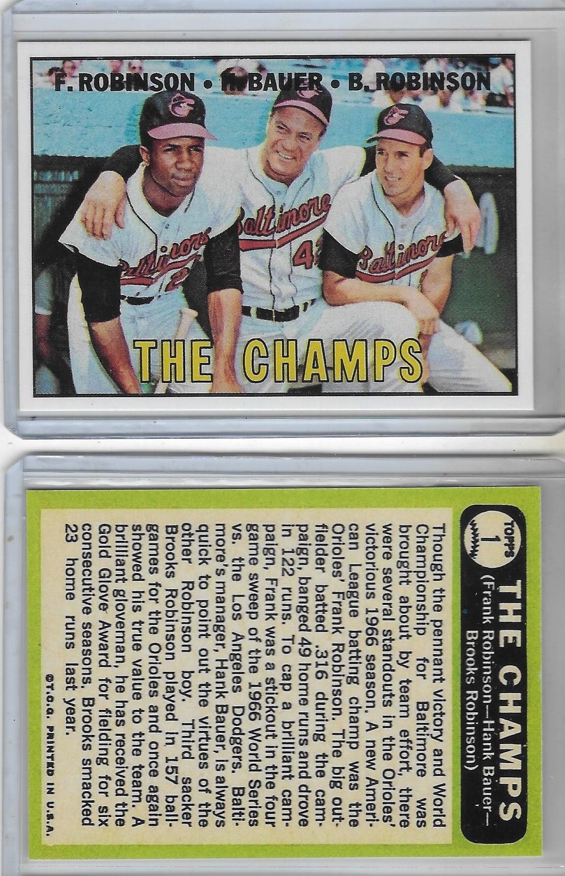 1967 TOPPS #1 "THE CHAMPS" REPRINT CARD. FRANK ROBINSON - BROOKS ROBINSON ....