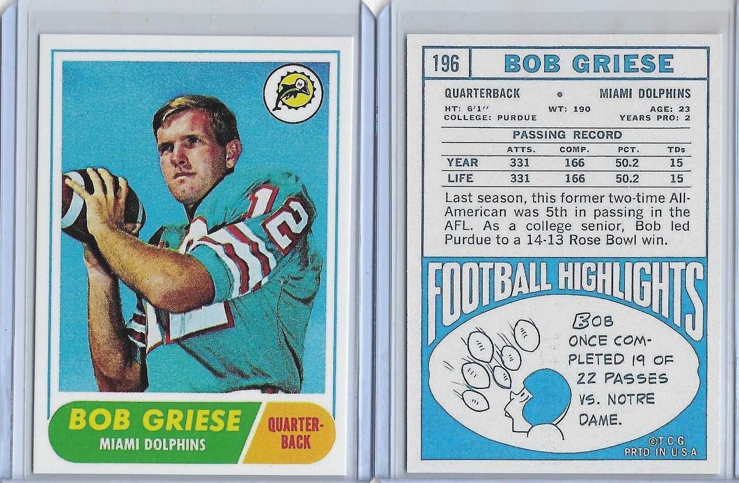 1968 Topps #196 Bob Griese Miami Dolphins Rookie Reprint Card