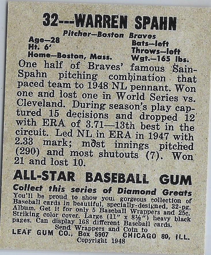 1948 Leaf #32 WARREN SPAHN BOSTON BRAVES  Rookie Reprint Card