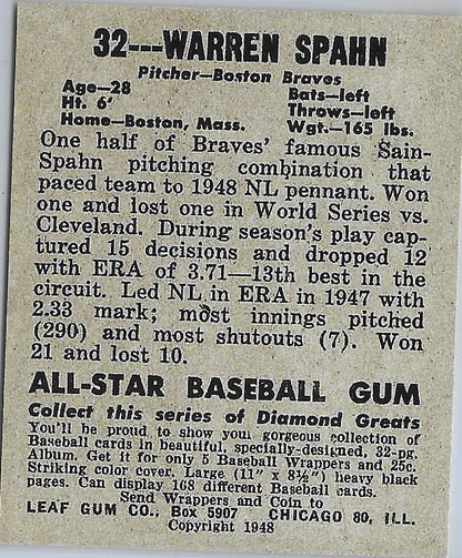 1948 Leaf #32 WARREN SPAHN BOSTON BRAVES  Rookie Reprint Card