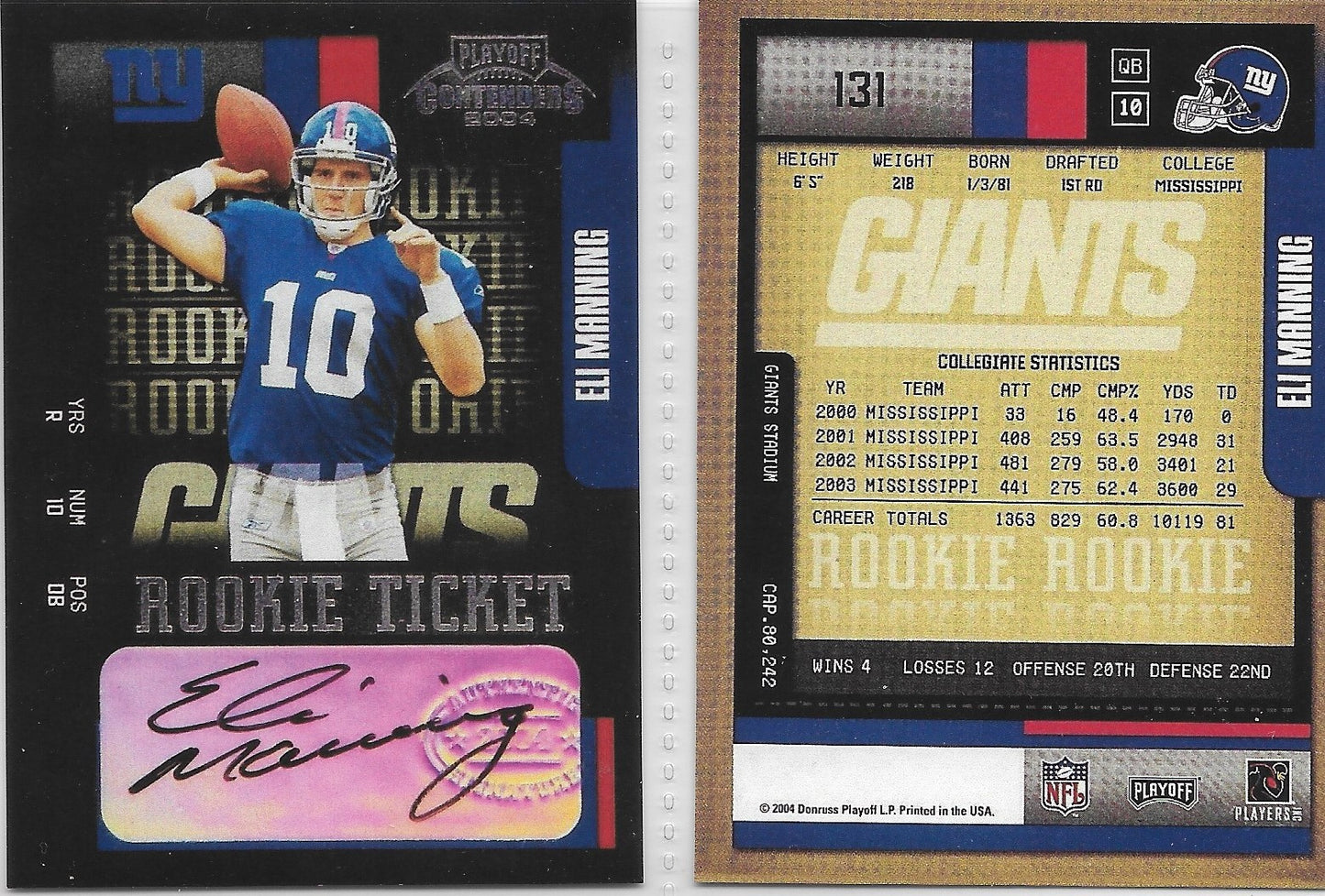 2004 playoff Contenders Eli Manning Playoff Ticket RP Card