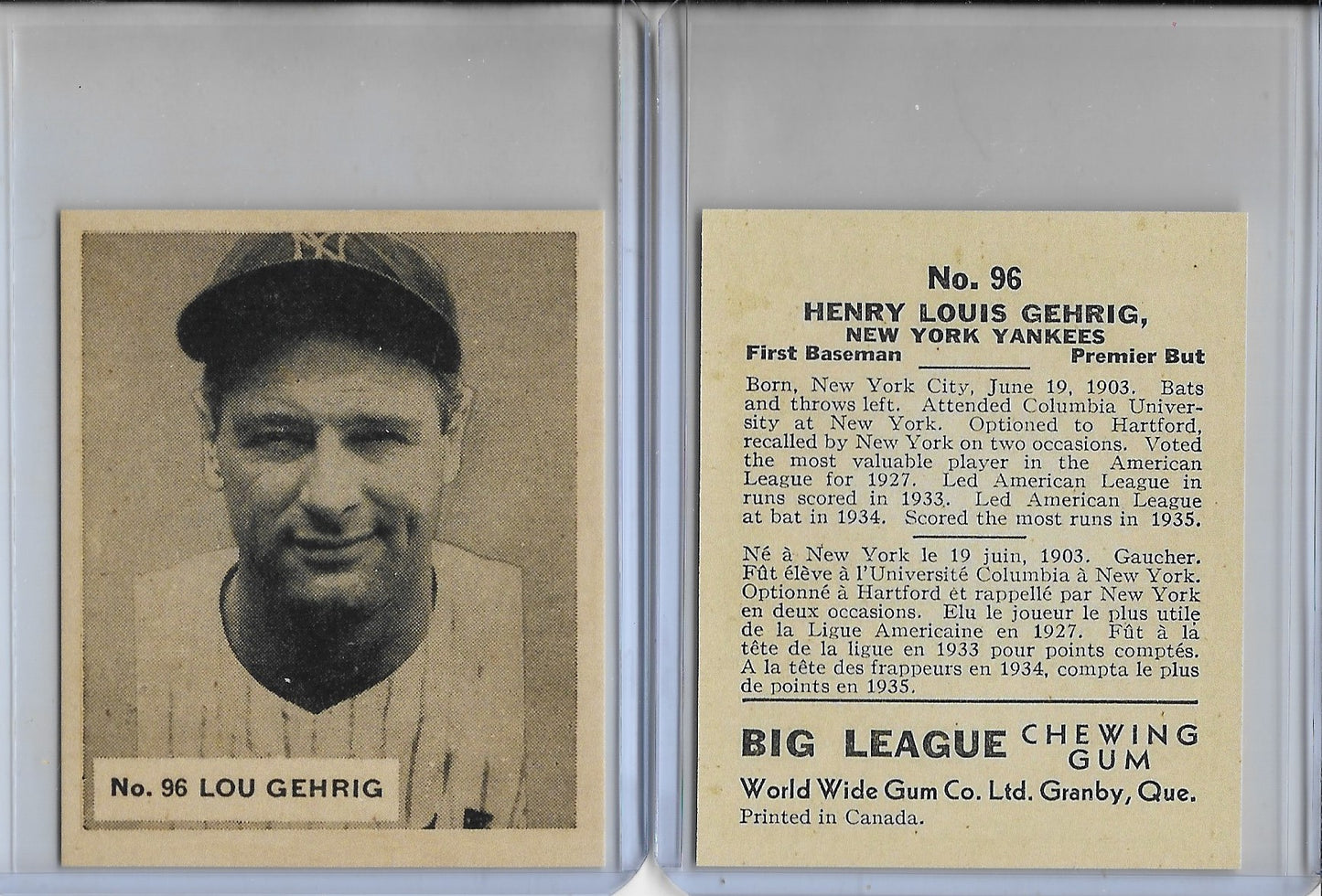 1936 World Wide Gum #96 LOU GEHRIG New York Yankees - Not His Rookie
