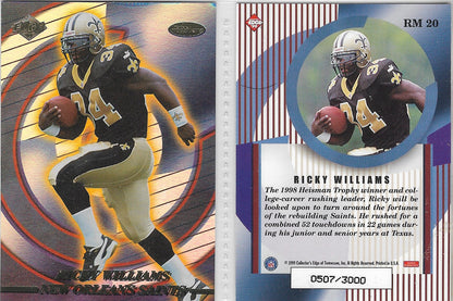2000 COLLECTOR'S EDGE ROOKIE RICKEY WILLIAMS NEW ORLEANS SAINTS ROOKIE MASTERS RM20 LIMITED INDIVIDUALLY NUMBERED SUBSET